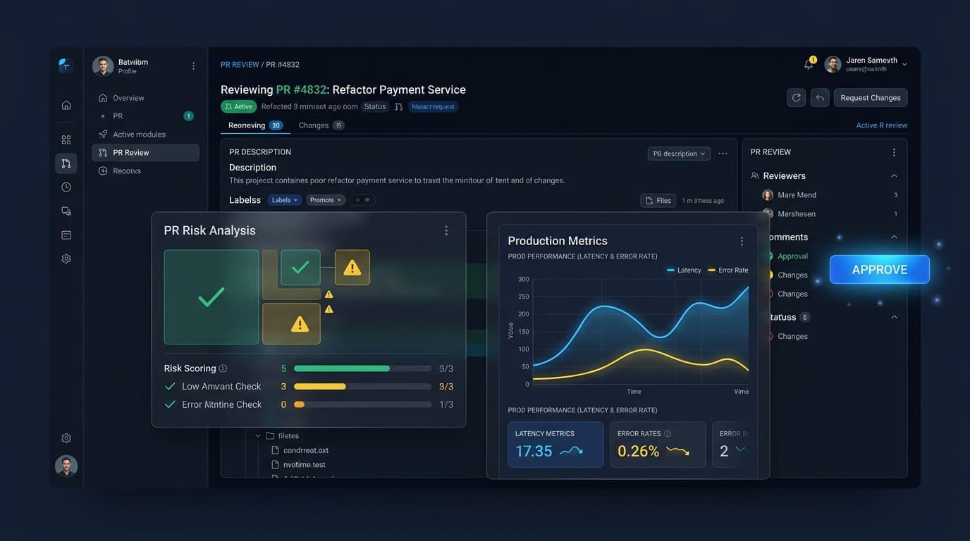 TraceMain PR Review Dashboard showing risk analysis, production metrics, and approval controls